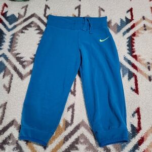 Nike Blue Capri Sweatpants with Neon Yellow Swoosh 3/4 Y2K
